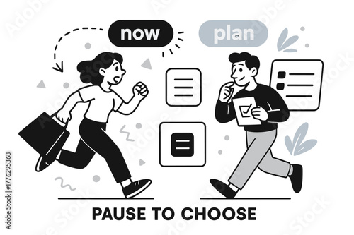 Impulse vs Intent. Shopping Habits ? Impulse vs Intent. Two buttons hover: ?now? flickers and ?plan? glows steady; a list icon anchors the scene. Caption