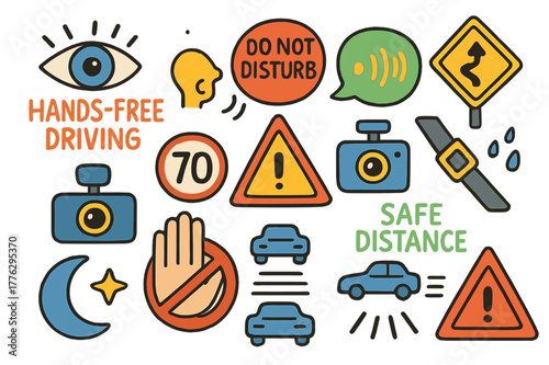 Hands-Free Driving Safety. Hands-free driving safety. Colorful Hand-drawn doodle Children illustration Hands-free driving safety eyes on road icon, do not