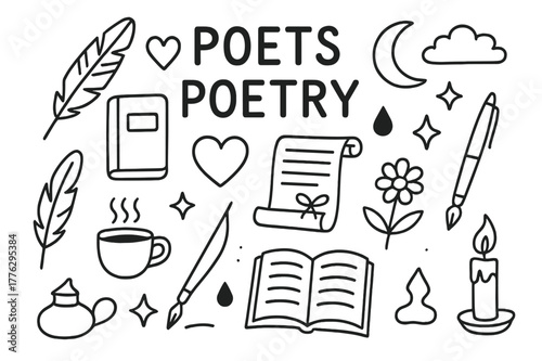 Poetry Doodle Icons. Poets and poetry. Hand-drawn doodle illustration poets and poetry quill, notebook, heart, moon, cloud, stars, feather, scroll, ink drop,