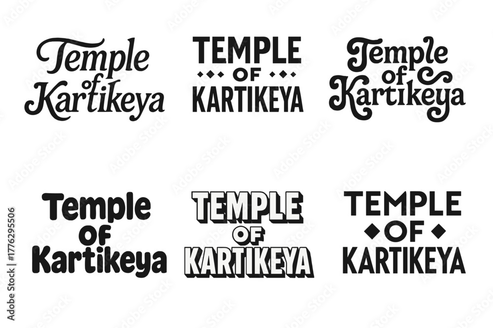 Obraz premium Harmonious Lettering Variations. Temple of Karitkeya. Set lettering. harmonious lettering variations of the same emblematic concept, each with different