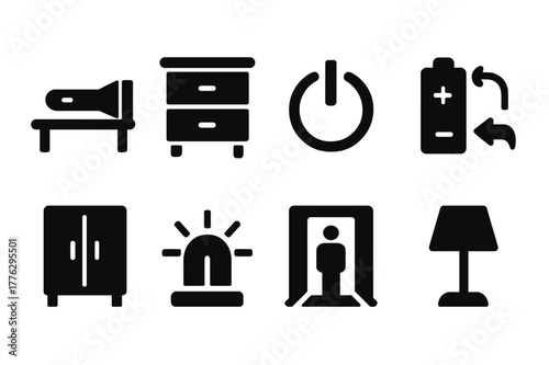 Home Icon Set. Home use. Filled icon set of home use: flashlight on table, nightstand, power button, battery