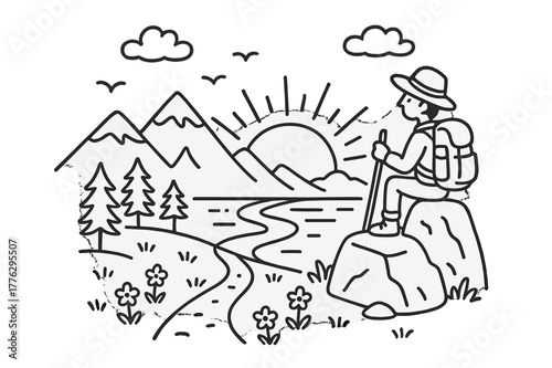 Solo Hiker at Sunset. Solo Hiking Sunset. Hand-drawn doodle illustration Solo Hiking Sunset person on rock, sunset, mountains, clouds, river, trees, backpack,