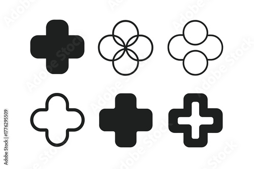Diverse Medical Cross Logos. Medical cross symbol. Set Logo of Medical cross symbol: cross formed by overlapping circles. Icon set. harmonious logo variations
