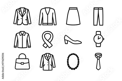 Seasonal Office Icons. Seasonal office fashion. Line outline icon set of seasonal office fashion: blazer,