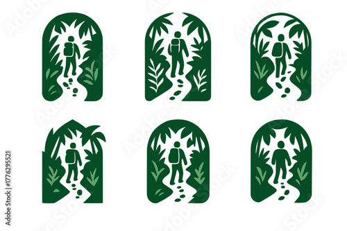 Remote Trekking Logos. Trekking in remote and unexplored areas. Set Logo of Trekking in remote and unexplored areas: dense jungle trail with footprints. Icon