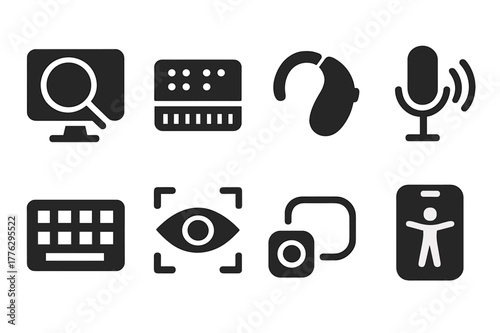 Assistive Tech Icons. Assistive technology. Filled icon set of assistive technology: screen magnifier, braille