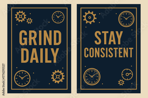 Grind and Stay Consistent. Grind daily. Two vertical A6 banners with safe margins, centered composition, no elements touching edges, bold, navy and gold,