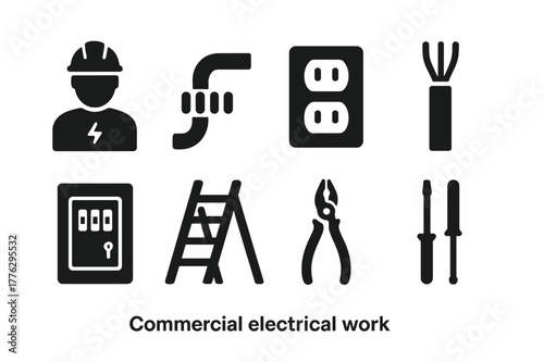 Commercial Electrical Icons. Commercial electrical work. Filled icon set of commercial electrical work: