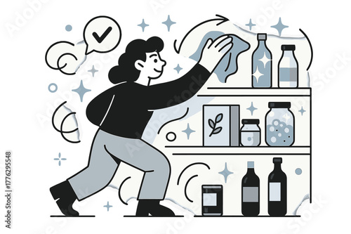 Fresh Pantry Glow. Cleaning pantry. A person wiping shelves with a cloth while items glow faintly, showing