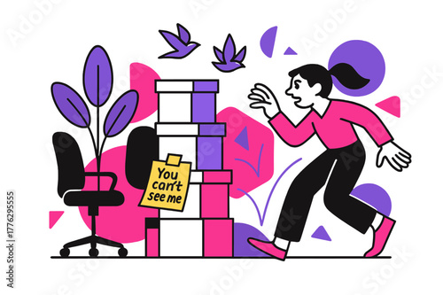 Office Hide and Peek. Office Hide and Peek. Rolling chair, tall plant, and box towers create hiding nooks; a sticky note reads ?You can?t see me.? The seeker