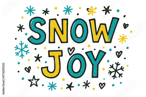 Festive Snow Doodles. Snow Joy ? Doodle / Sketch: cheerful hand-drawn letters outlined loosely; doodled flakes