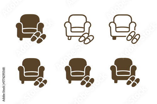 Cozy Corner Icons. Setting up a cozy corner with comfy seating for casual chats. Set Logo of cozy corner: pair of slippers beside chair. Icon set. harmonious