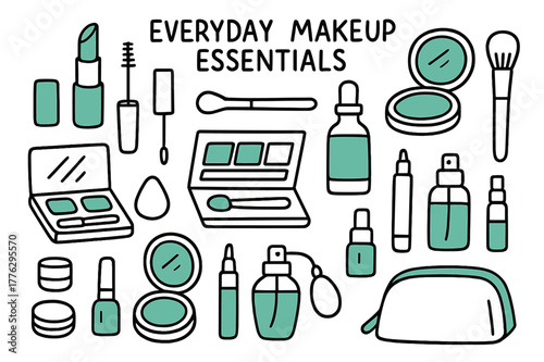 Makeup Essentials Doodle. Everyday makeup essentials. Hand-drawn doodle illustration everyday makeup essentials lipstick (accented), mascara tube, compact