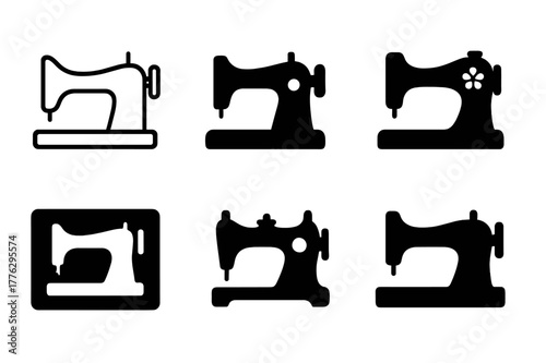 Sewing Machine Logos. Sewing and quilting projects. Set Logo of Sewing and quilting projects: classic sewing machine profile. Icon set. harmonious logo