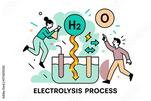 Electrolysis in Motion. Electrolysis Process. Water molecules split into hydrogen and oxygen with bright