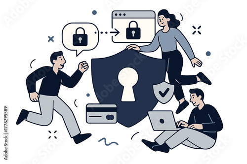 Dynamic Cyber Security. Cyber security. Protecting data, secure connections, safe online transactions. Modern flat vector scene with expressive, stylized