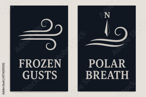 Winter Banners Design. Winter Gust. Two vertical A6 banners with safe margins, centered composition, no elements touching edges, minimal, navy and silver,