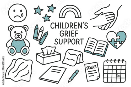 Children's Grief Support Icons. // Children?s grief support. Hand-drawn doodle illustration Children?s grief support [stuffed bear (accented),