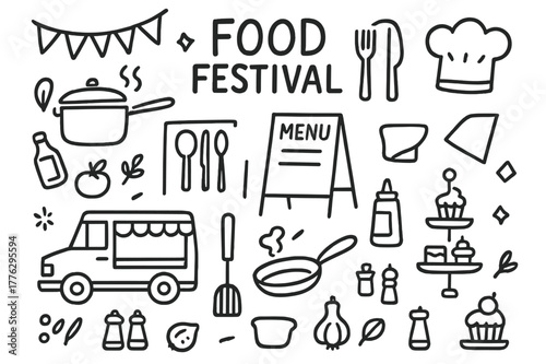 Food Festival Doodle. Food festival. Hand-drawn doodle illustration Food festival, food truck, chef hat, utensils, plates, cups, napkins, menu board, cooking
