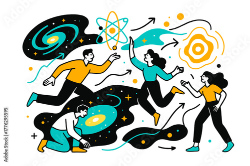 Abstract Cosmic Motion. Theoretical universe. Glowing abstract models of galaxies, particles, and energy