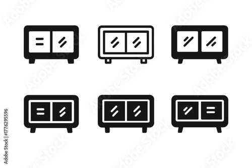 TV Stand Logos. A TV stand with storage for electronics and media. Set Logo of A TV stand with storage for electronics and media: console with tempered glass