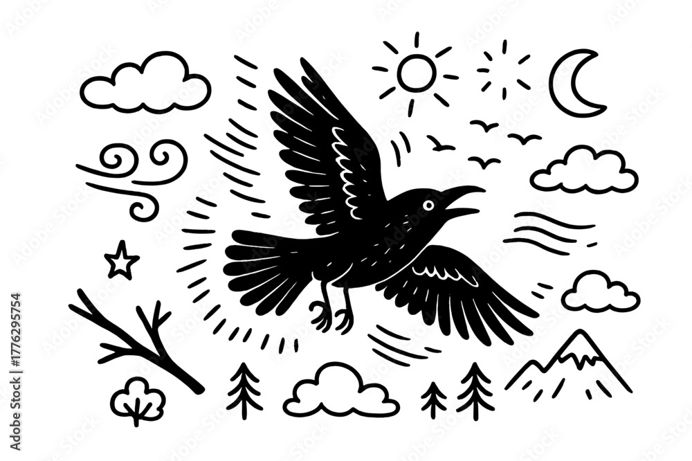 Obraz premium Raven's Soaring Journey. Raven flight. Hand-drawn doodle illustration Raven flight wings spread, feather trail, sky, clouds, mountain, branch, flock of birds,