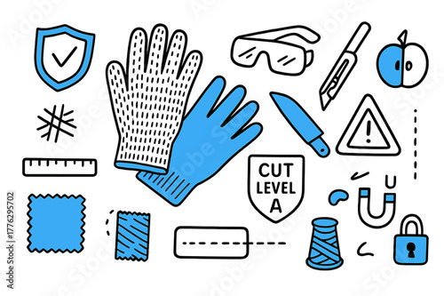 Cut-Resistant Gloves Doodle. // Cut-resistant gloves. Hand-drawn doodle illustration cut-resistant gloves [glove pair with knit texture (accented), knife blade