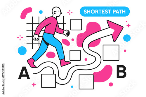 Shortest Path Diagram. Vector Displacement Diagram. A figure walks around obstacles, but a clean arrow cuts directly from A to B; ?Shortest Path? glows near