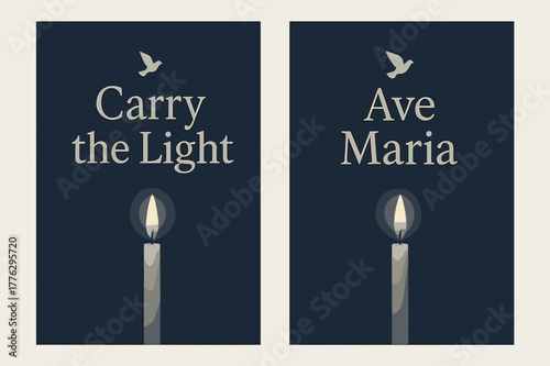 Candlelight Banner Duo. Candlelight Procession. Two vertical A6 banners with safe margins, centered composition, no elements touching edges, minimal, indigo