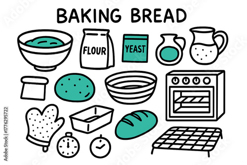Bread Baking Essentials. // Baking bread. Hand-drawn doodle illustration Baking bread [mixing bowl (accented), flour bag, yeast packet (accented), water jug,
