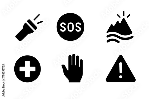 Emergency Signaling Icons. Emergency signaling. Filled icon set of emergency signaling: flashlight beam, SOS