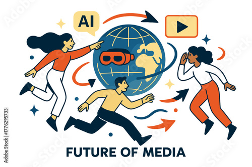Innovative Storytelling Revolution. Future of media. A glowing digital globe surrounded by icons of AI, VR,