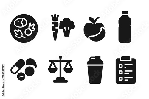 Nutrition Icon Set. Nutrition and diet. Filled icon set of nutrition and diet: healthy meal plate, vegetables,