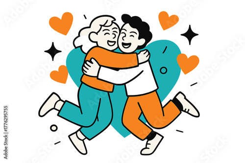 Joyful Friends Reunite. Joyful reunion. Two friends jump slightly into a warm embrace, abstract floating