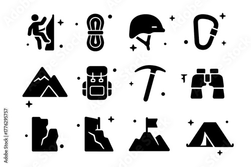 Rock Climbing Icons. Rock Climbing. Solid icons set of Rock Climbing: climber, rope, helmet, carabiner, mountain, backpack, ice axe, crampons, cliff, flag,