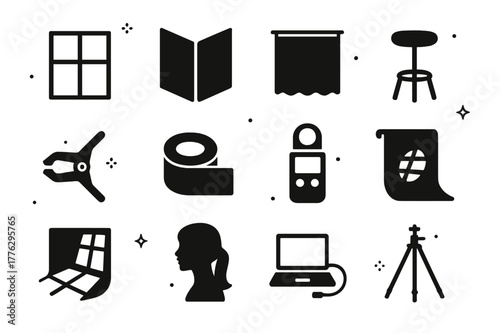 Studio Photography Essentials. Window Light in Studio Photography. Solid icons set of Window Light in Studio Photography: large window, V-flat reflector,