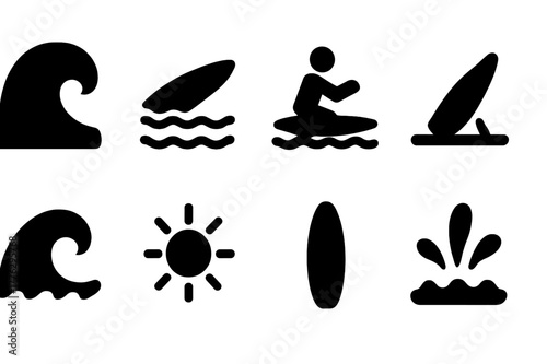 Surfboard Icon Set. Surfboard testing. Filled icon set of surfboard testing: ocean wave, surfboard on water,