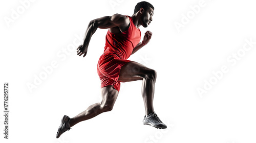 Focused male runner in red sportswear isolated on transparent background, demonstrating speed and athletic prowess