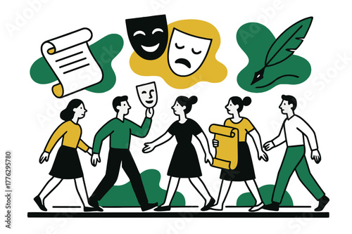 Shakespearean Stagecraft Scene. Stage props and cues. Actors moving across a stage with floating abstract