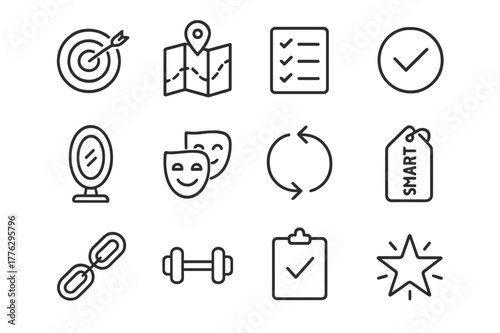 Coaching Icon Set. Coaching techniques. Line icon set of coaching techniques: goal target, reality map, options list, commitment checkmark, reflection mirror,