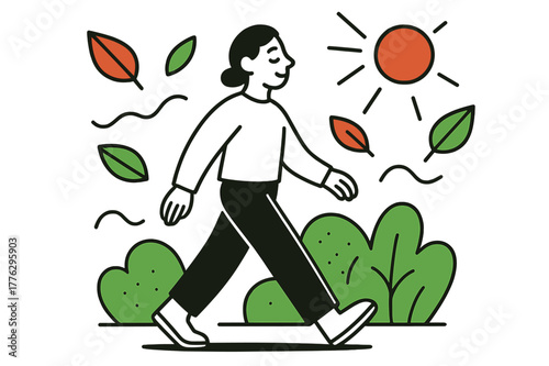 Mindful Park Stroll. Nature mindfulness. A person walking calmly in a park, abstract floating geometric leaves