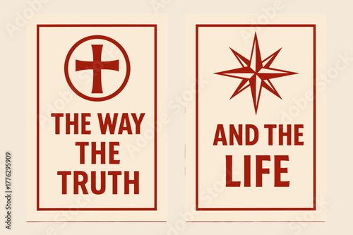 Truth and Way Banners. Truth and Way. Two vertical A6 banners with safe margins, centered composition, no elements touching edges, bold, red and beige, cross