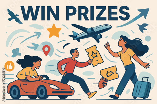 Adventure in Motion. WIN PRIZES. Speeding cars, flying airplanes, soaring birds, freedom and adventure in travel and exploration. Modern flat vector scene with