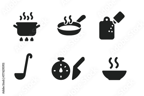 Cooking Icons Collection. Cooking process. Filled icon set of cooking process: boiling pot, simmering pan,