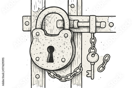 Rusty Padlock Doodle. Rusty Padlock. Hand-drawn doodle illustration Rusty Padlock old padlock, rust texture, key, chain, metal door, latch, hinges, scratches,