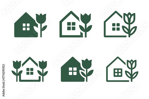 Home Staging Logos. Home staging for selling. Set Logo of home staging for selling: fresh flowers and decor details. Icon set. harmonious logo variations of