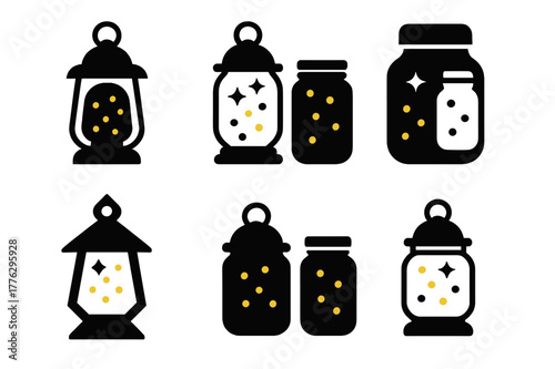 Firefly Lantern Logos. Catching fireflies. Set Logo of catching fireflies: lantern and jar duo. Icon set. harmonious logo variations of the same emblematic