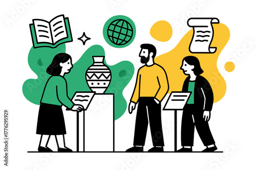 Cultural Heritage Learning. Cultural storytelling. Visitors read informational plaques and observe artifacts,