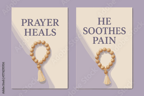 Prayer Beads Banners. Healing Through Prayer. Two vertical A6 banners with safe margins, centered composition, no elements touching edges, modern, lavender and