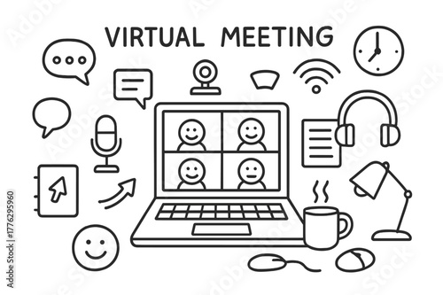 Virtual Meeting Doodle. Virtual meeting. Hand-drawn doodle illustration virtual meeting laptop, webcam, microphone, chat bubbles, video grid, clock, wifi